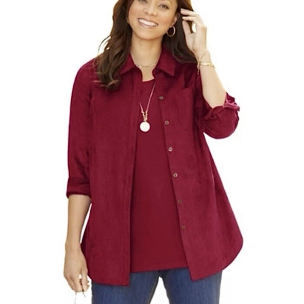 Catherines Red Faux Suede Long Sleeve Button Up Shirt Size 4X